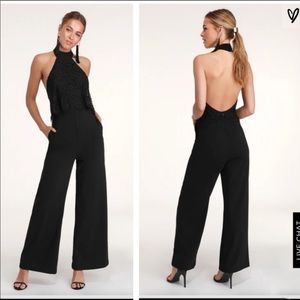 LULUS BETHANIE BLACK LACE HALTER JUMPSUIT